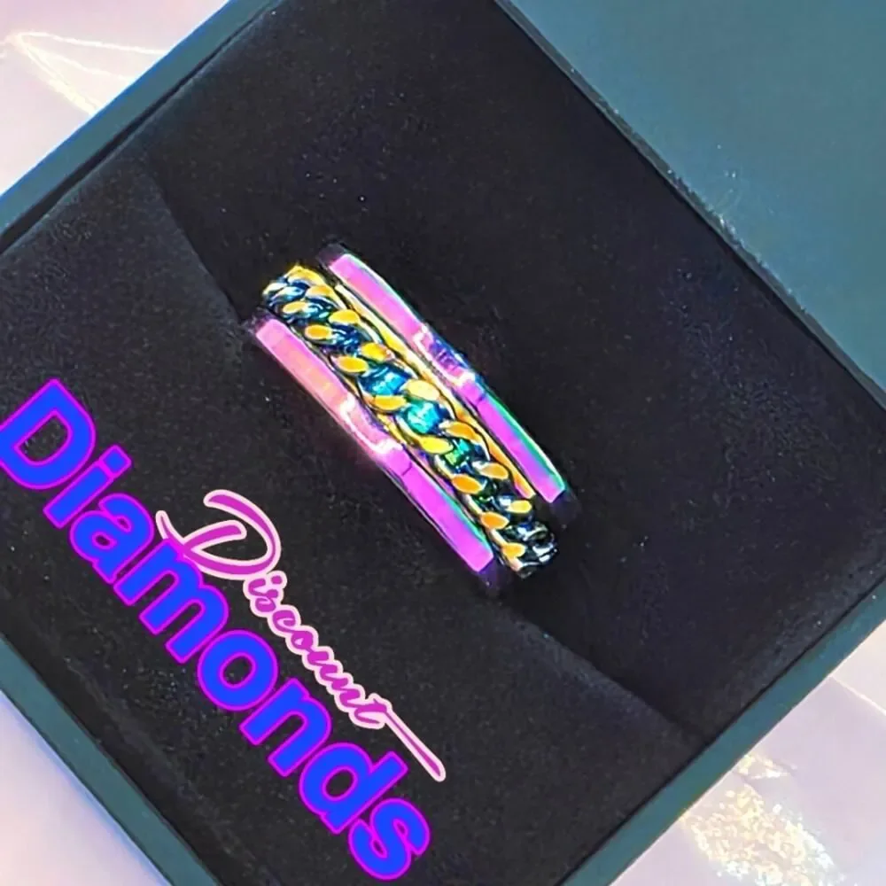 Men / Women / Unisex SPINNER Titanium Polished Rainbow Silver Ring Rainbow Chain